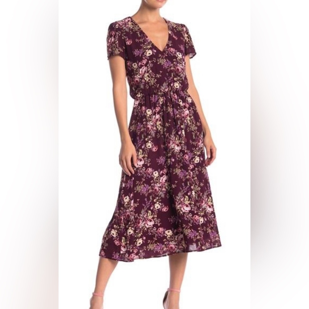 WAYF Floral Midi Burgundy V Neck Dress Size S Rayon Cottage Core Made USA Lined